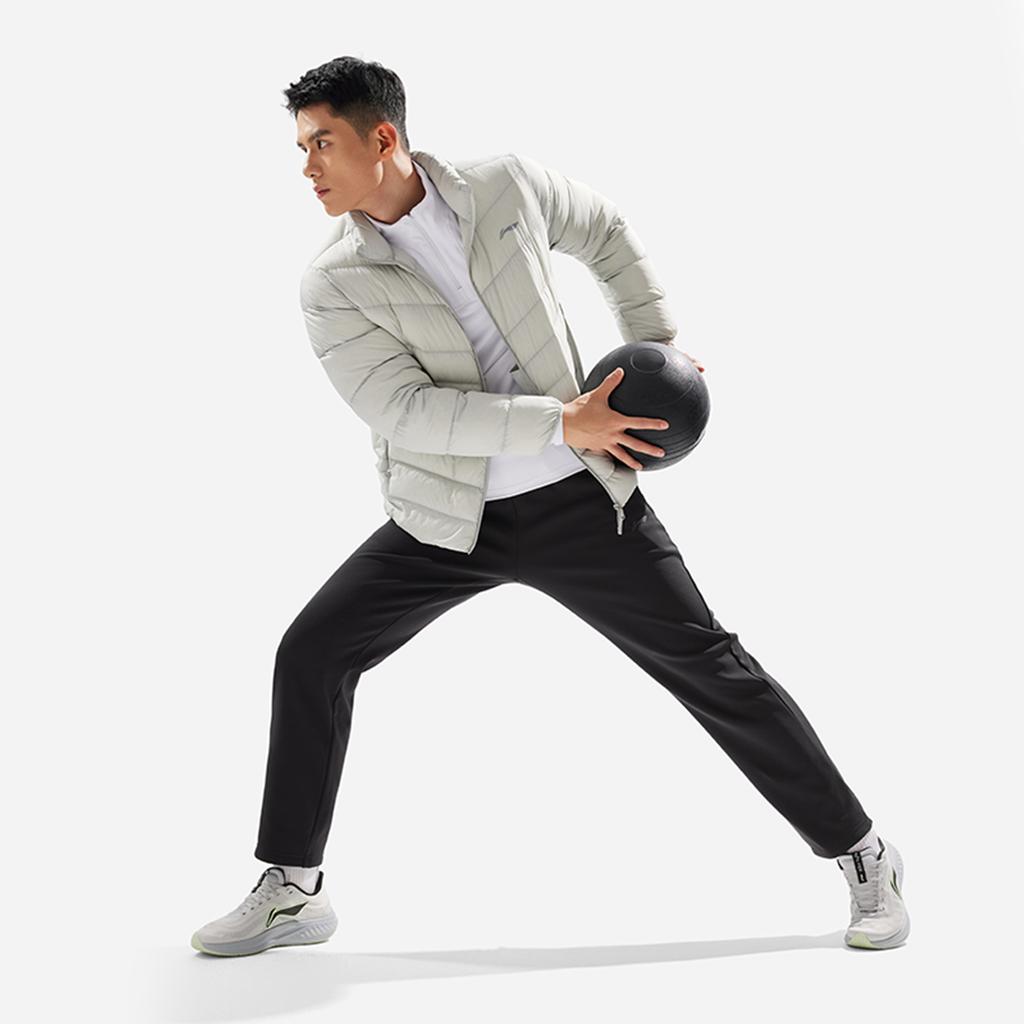 Li Ning Fitness Series Fashion Versatile Comfortable Warm Outdoor Running Mid-Waist Drawstring Straight Leg Fleece Knitted Sports Pants AKLU551-1