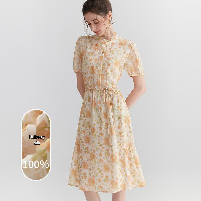 Snowforte 100% Mulberry Silk Floral High-Waist Dress L