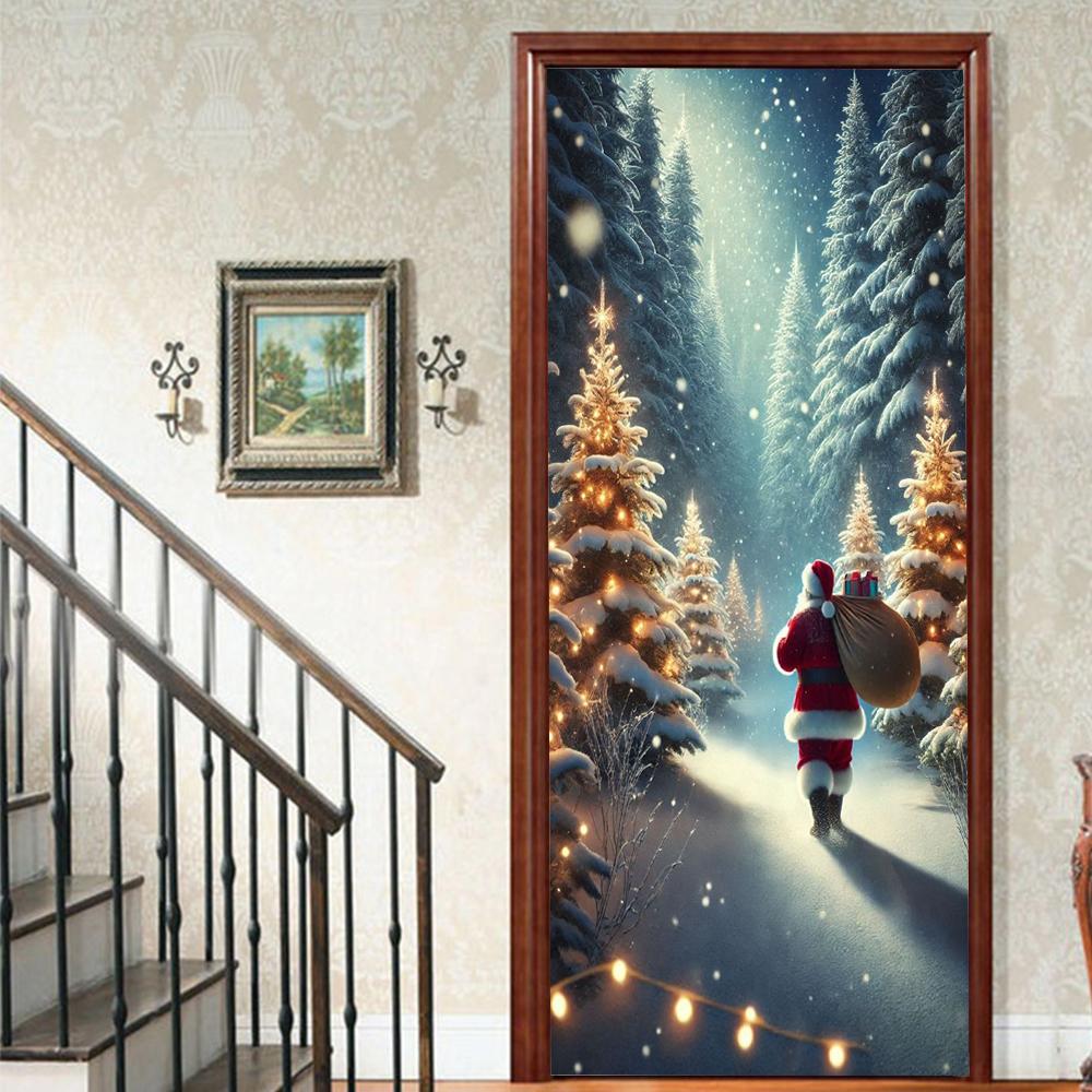 Christmas Santa Claus PVC Self-Adhesive Waterproof Door Sticker Modern Simulation Door Mural Wallpaper Living Room Study Home Decor Art Door Poster