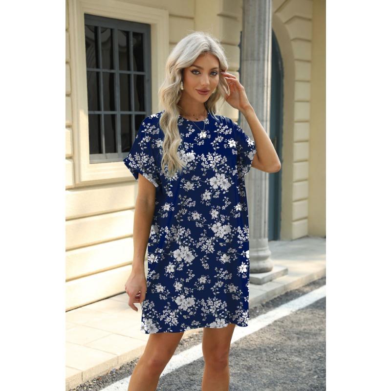 YYFS Damenmode Sommer Frühling Blumenmuster Druck Kurzarm O-Ausschnitt Lose Taille Freizeitkleider