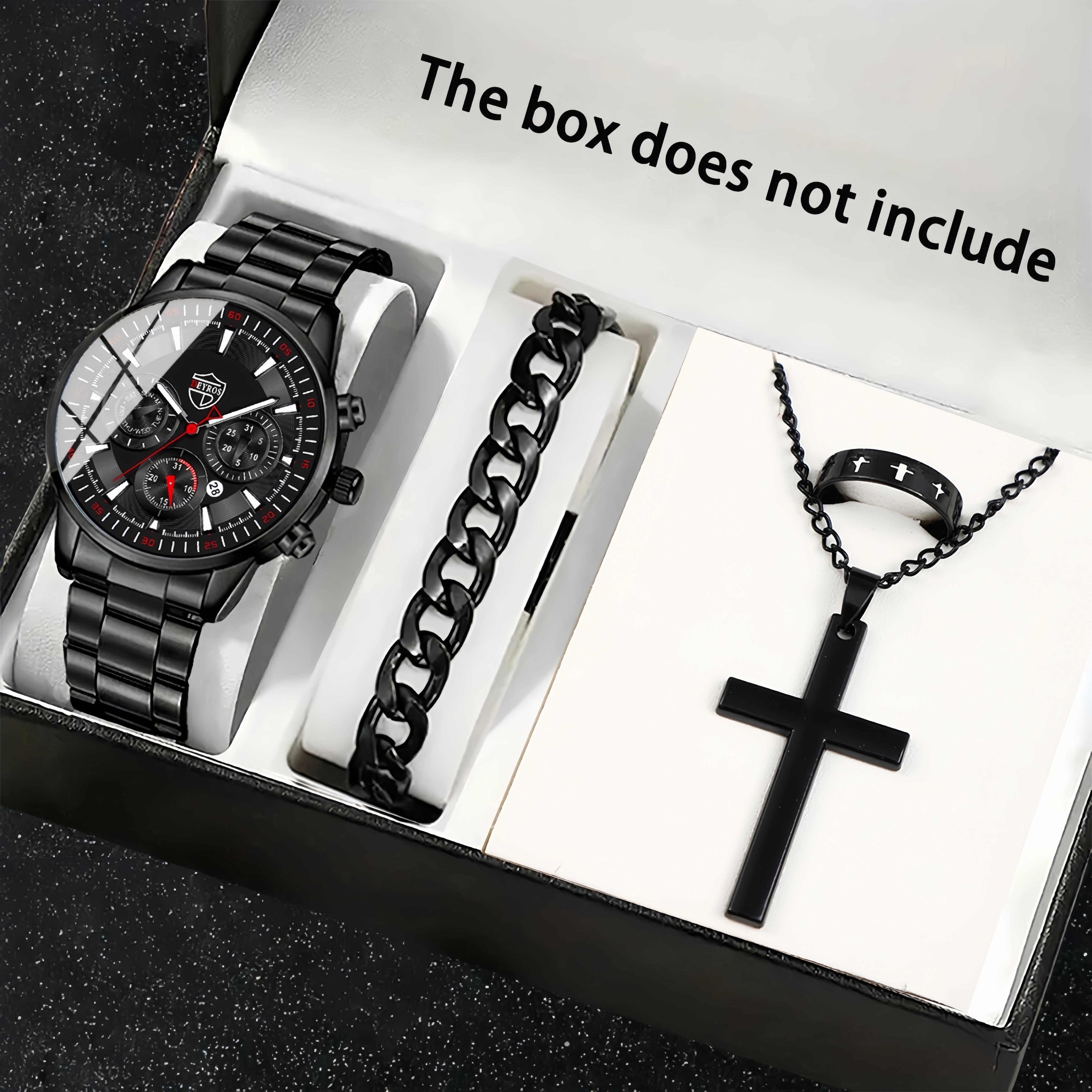 

Элегантный мужской набор из 4 часов: Классические кварцевые аналоговые наручные часы из нержавеющей стали, ожерелье с крестом в стиле ретро, модный браслет и кольцо со скелетом чёрный