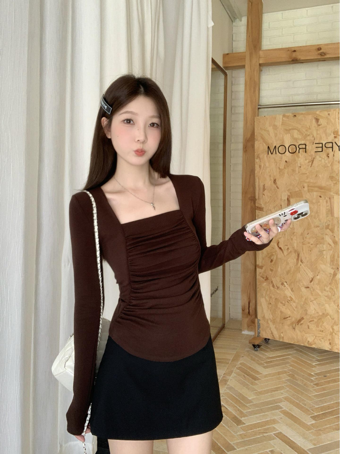 Plus Size Women s Pleated Square Neck Slim Fit Long Sleeve T-shirt for Autumn/Winter 3XL