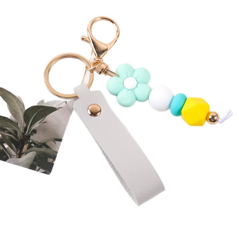 Custom Silicone Flower Beads Keychain Soft PU Leather Anti-Scratch Bag Pendant Lovely Gift for Women Valentine's Day