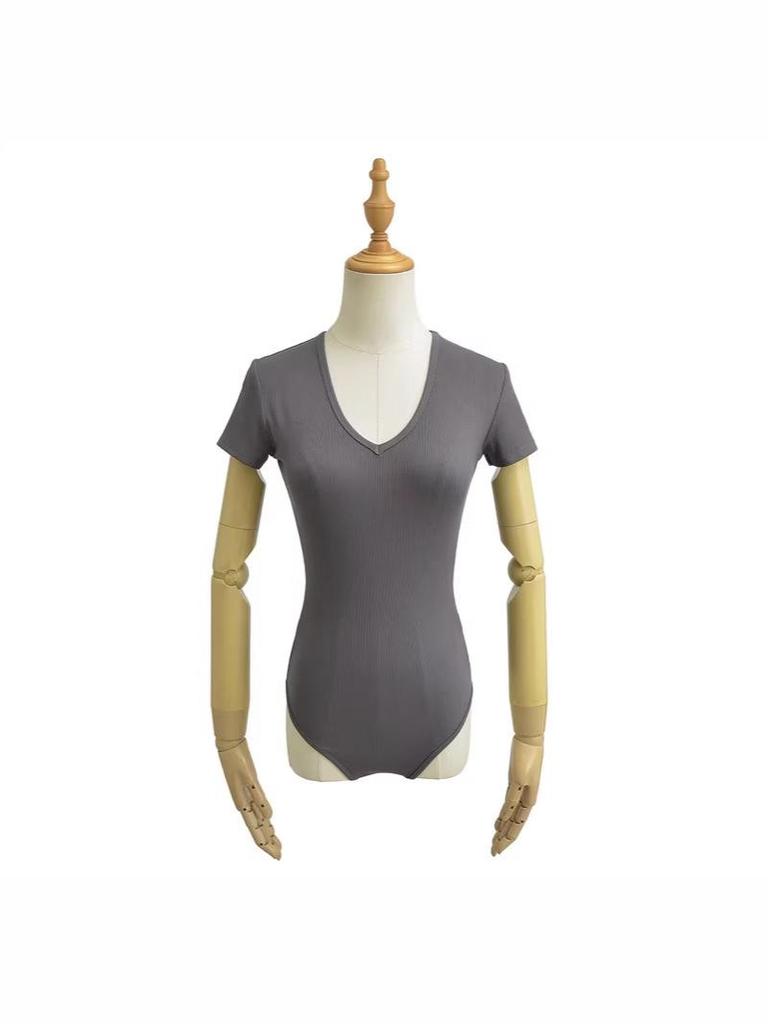 Damen Slim Stretch V-Ausschnitt Jumpsuit T-Shirt - Sexy Kurzarm Basisschicht Oberteil
