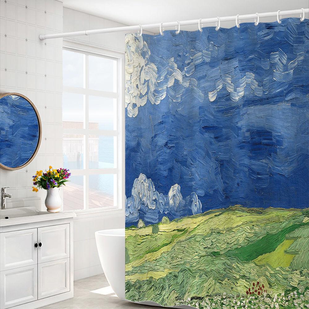 Van Gogh Starry Night Shower Curtain Oil Painting Abstract Art Blue Sky White Cloud Star Moon Scenery Bathroom Decor With Hooks
