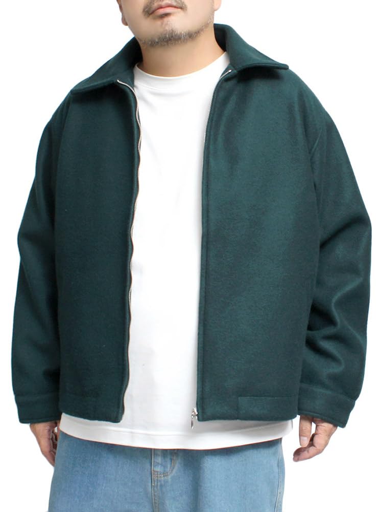 [One Colors] Faux Melton Jacket Men's Large Size Solid Color Collared Zip-Up Swing Top 3L Green
