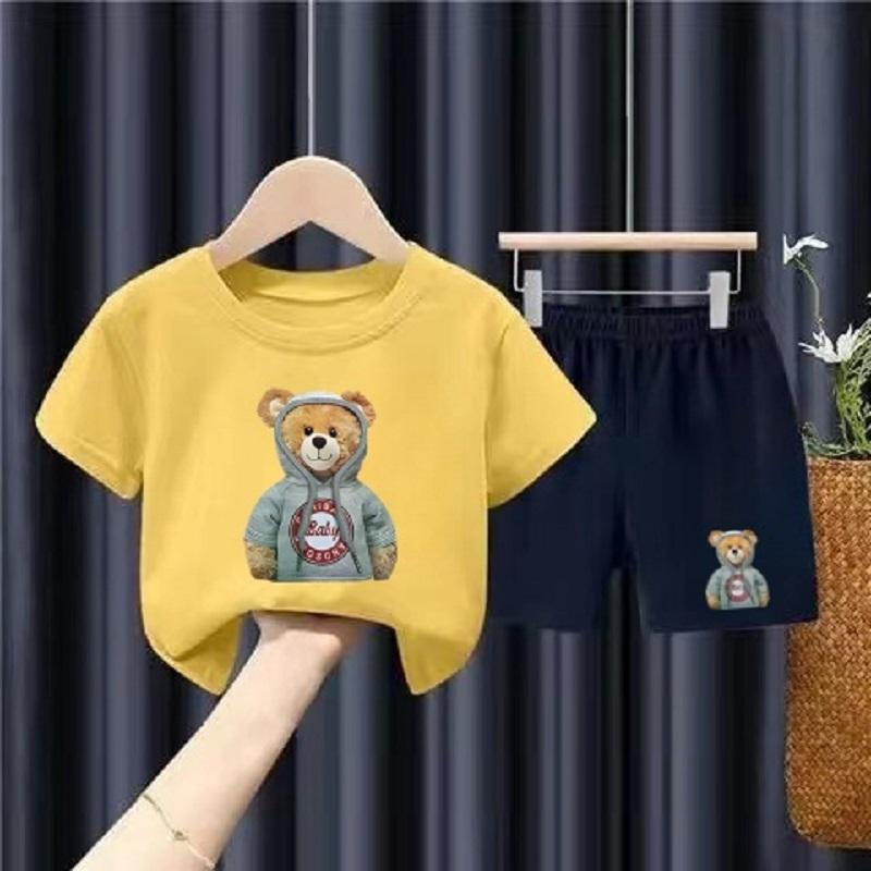 

Летний комплект одежды для маленьких девочек, детские футболки и шорты с рисунком медведя для мальчиков, костюм из 2 предметов, детские модные спортивные костюмы с верхом и низом 130CM