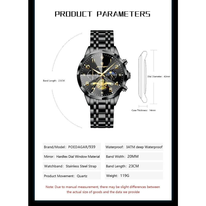 POEDAGAR Exquisite Business Men Watch Waterproof Luminous Chronograph Luxury Man Watches Stainless Steel Men's Quartz Wristwatch