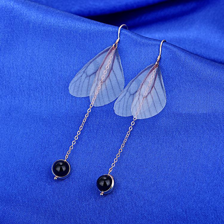 

Золотые серьги-крючки с бантом в виде стрекозы и перьями, длинные серьги из черного агата