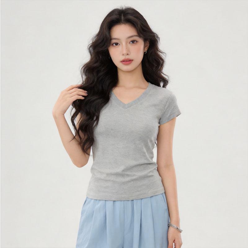 V-Ausschnitt T-Shirt kurzärmelig figurbetontes Oberteil Sport-T-Shirt Damen Sommer vielseitiges T-Shirt