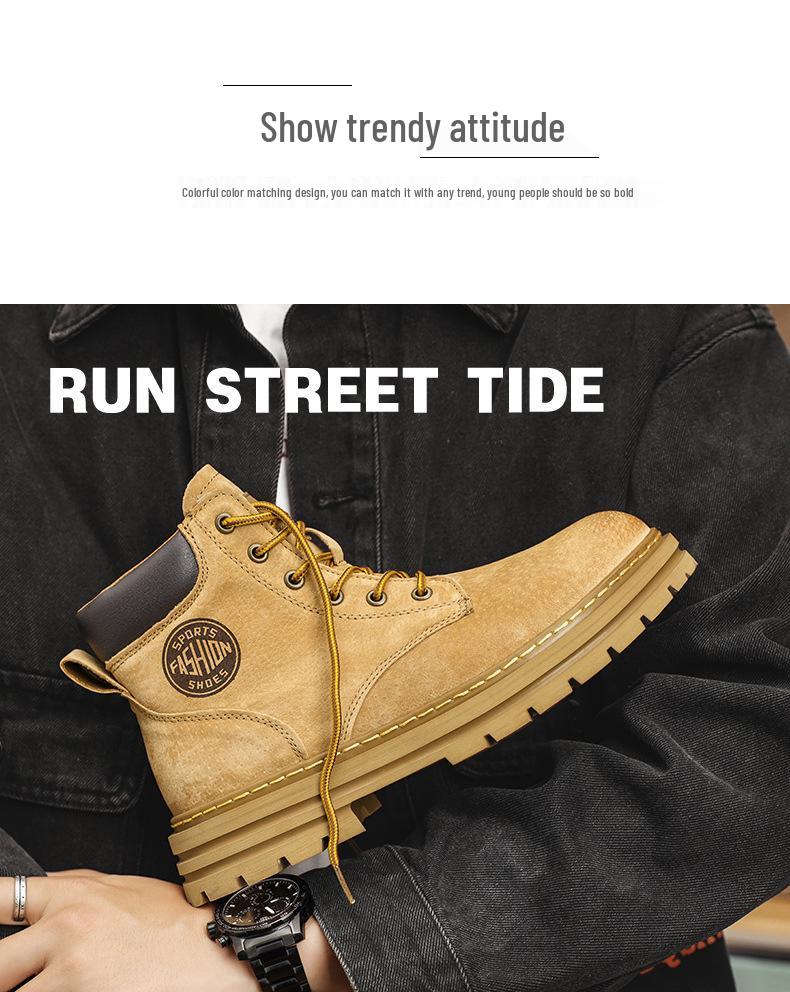 Yellow Leather Ins-Style High-Top Martin Boots for Men & Couples, Velvet-Lined, Perfect for Autumn and Winter.