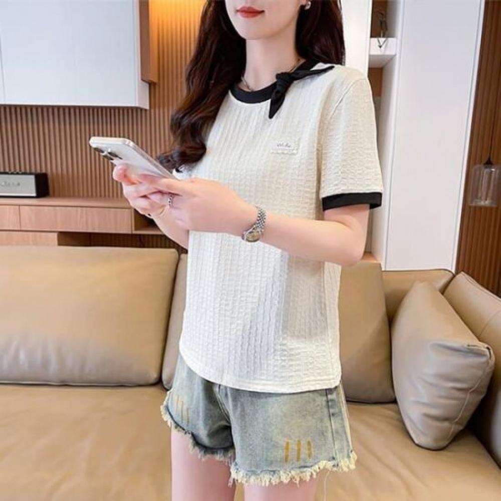 Navava Women S Color Blocked Ribbon Round Neck ShorT Sleeve T ShirT nT2800