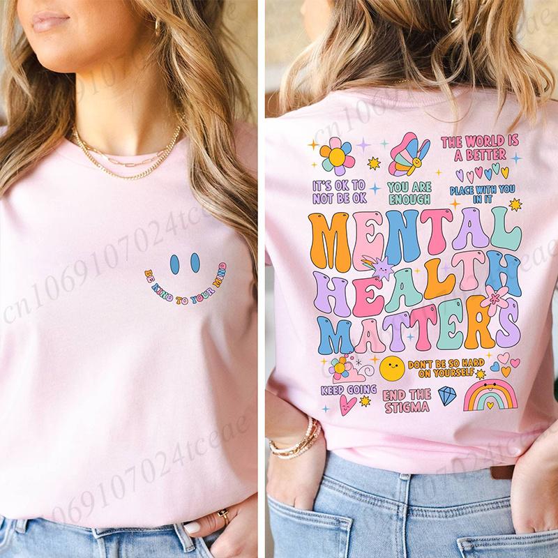 Fashion Women T Shirts Mental Health Matters Print Short Sleeve T-Shirt Inspirational Recreational Therapy Casual Summer Shirts