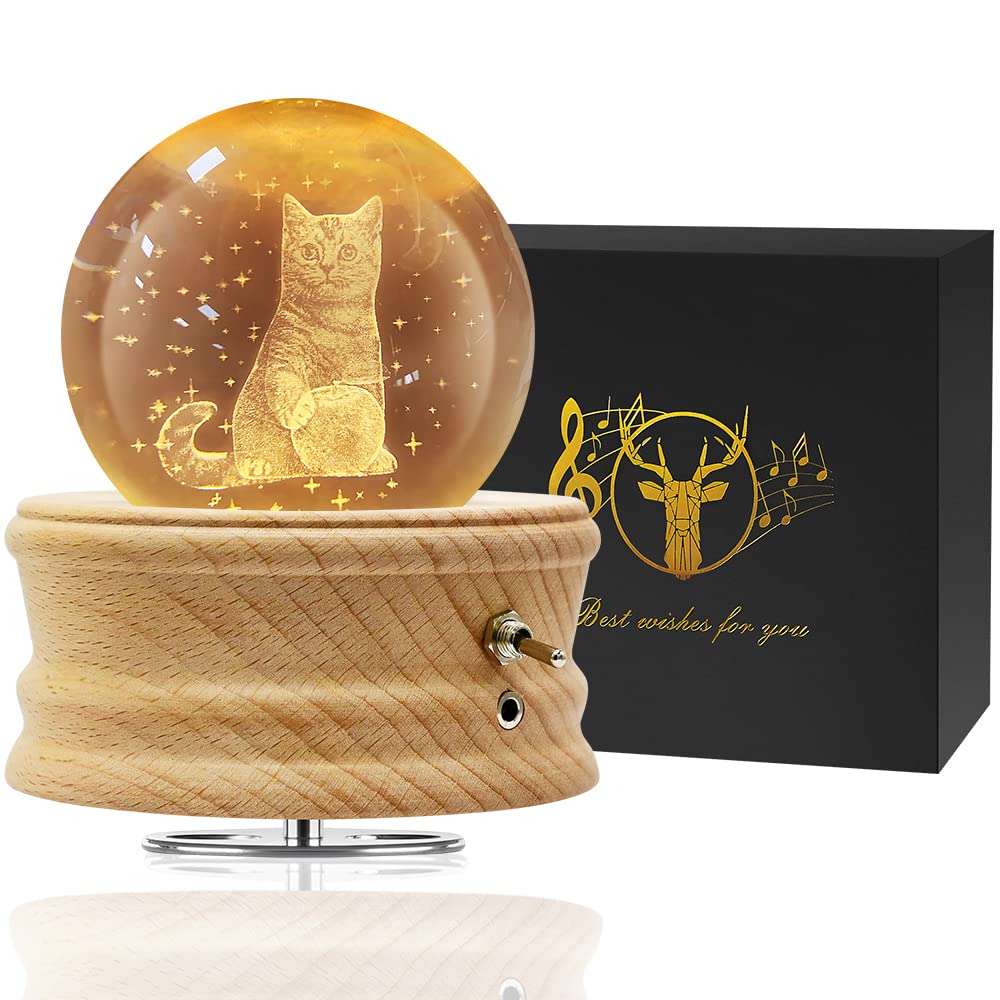Mozalida Music Box Cute Cat Apple Crystal Ball Music Perfect for or As a Gift for Features a Moon Ambient Bedside LED USB Projection and a Stylish