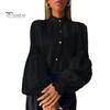 Stehkragen Bluse Damen Stickerei Spitze Hemd, Herbst Laternenärmel Bluse, Hemden Normale Passform Einfarbige Knopfleiste Lässig Formell Oberteil Polyester