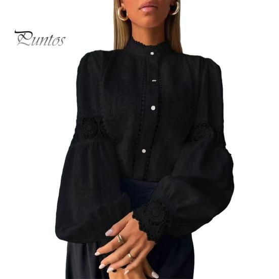 Stehkragen Bluse Damen Stickerei Spitze Hemd, Herbst Laternenärmel Bluse, Hemden Normale Passform Einfarbige Knopfleiste Lässig Formell Oberteil Polyester