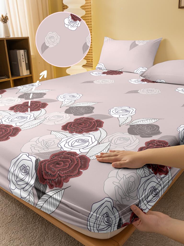 Simple Modern Rose Printed Fitted Sheet Plant Flower Design Matte Bed Cover Bedding Set Without Pillowcases