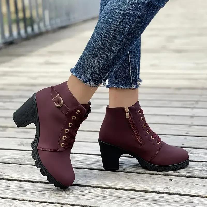 Fashion Ladies Short Boots Women Pumps Boots High Quality Lace-up European Ladies High Heels Ankle Boots Fashion Womens Shoes Large Size