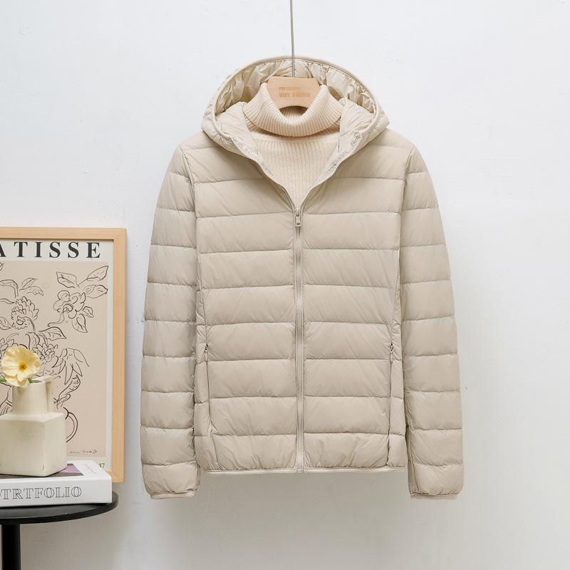 Down jacket women's light and thin fashion hooded short plus large size plus fat white duck down light European size coat