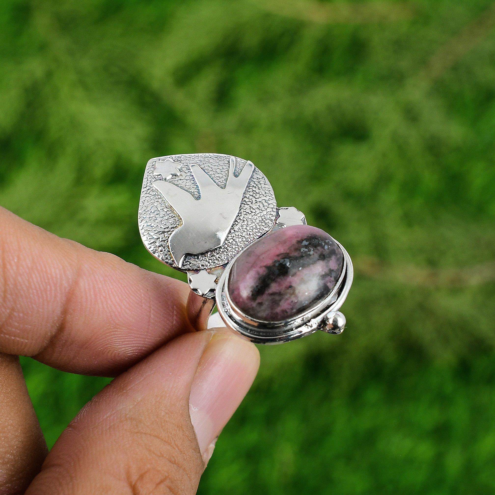 

Womens day Deal Natural Rhodonite 925 Silver Stackable Bird Elegant Ring Jewelry Adjustable