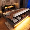 Upholstered Bed, 180x200cm, with USB-C Charging, Ambient Lighting Under Bed, Headboard Storage, Hydraulic Storage, Without Mattress, LED Lights, Grey