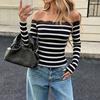 TIFICY Damen Mode Lässig Frühling Herbst Streifenprint Langarm Ein Schulter Blusen & Hemden