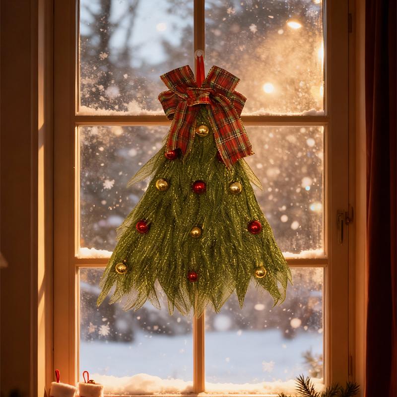 Christmas Tree Wreath Xmas Front Door Hanging Decoration Garland With Red Ribbon Golden Balls Window Layout Festive Holiday