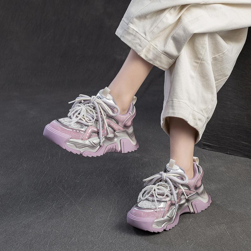 Fashion 5cm Air Mesh Microfiber Pigskin Leather Summer Bling Mixed Color Fsahion Ankle Boots Hollow Chunky Sneaker Women Shoes