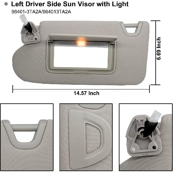 NHILES Left Driver Side Sun Visor Compatible With Nissan Altima 2013 2014 2015 2016 2017 2018 With Light, Without Sunroof 96401-3TA2A Color Gray