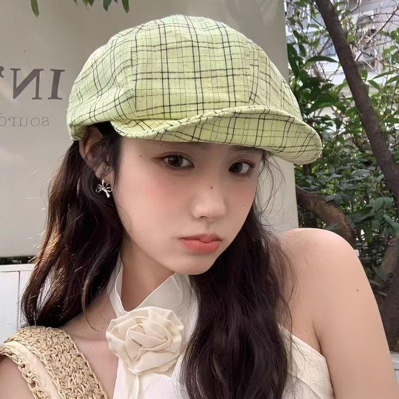 Retro Plaid Beret Hat For Women Spring Summer Sunshade Breathable Korean Style
