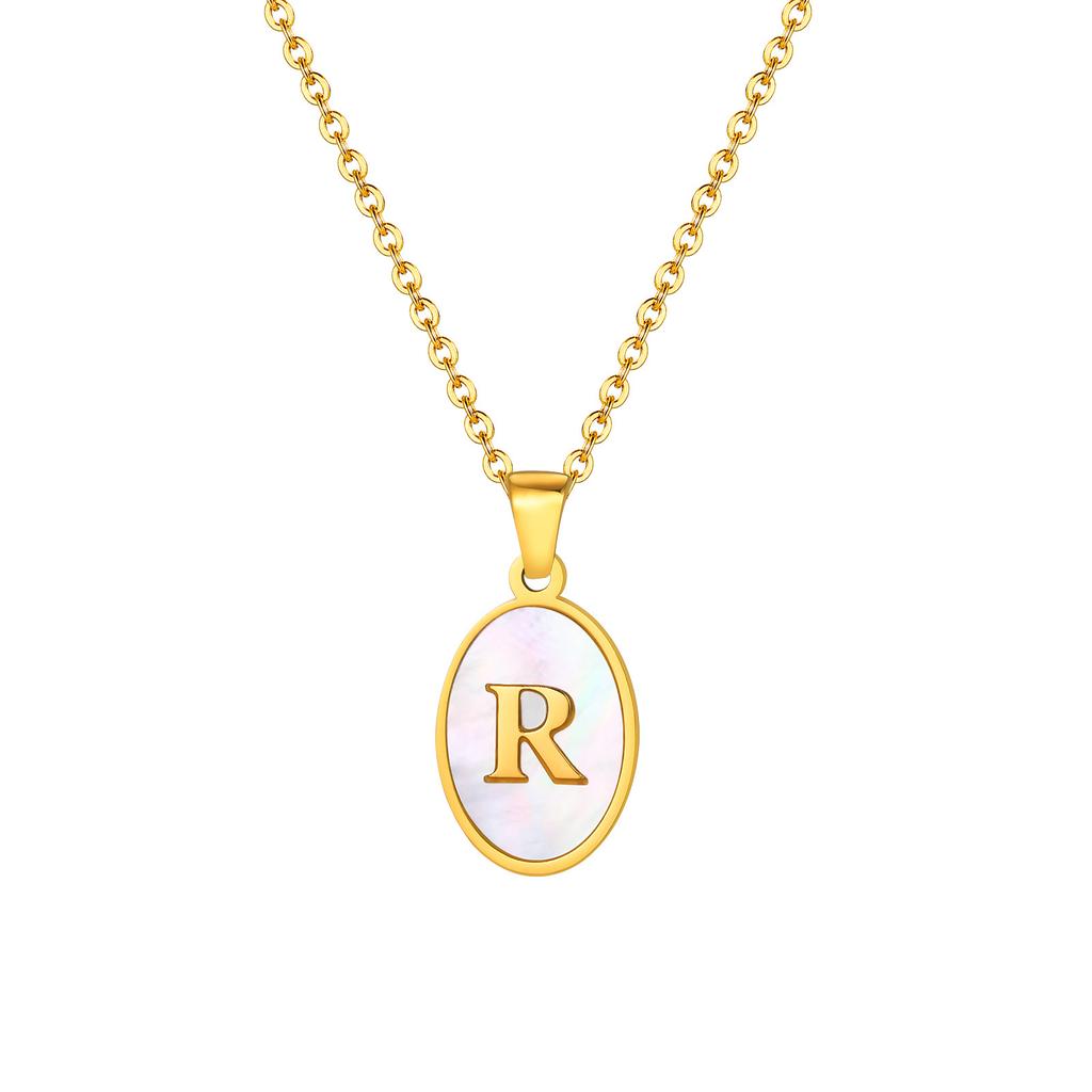 Stainless Steel Oval White Shell 26 Letter Pendant Name Letter Necklace Commemorative Gift Pn-2186