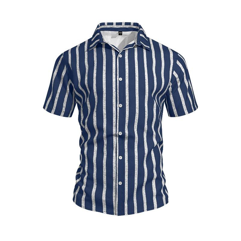 Summer Casual Short Sleeve Shirt Vertical Stripe Pattern Men Daily Blouse Fashion Regular Fit Men Striped Turn Collar Short Sleeve Shirt