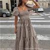 Women's Square Neck Gingham Midi Dress Puff Short Sleeve Elastic Waist Ruffled Hem Summer Beach Long Dress