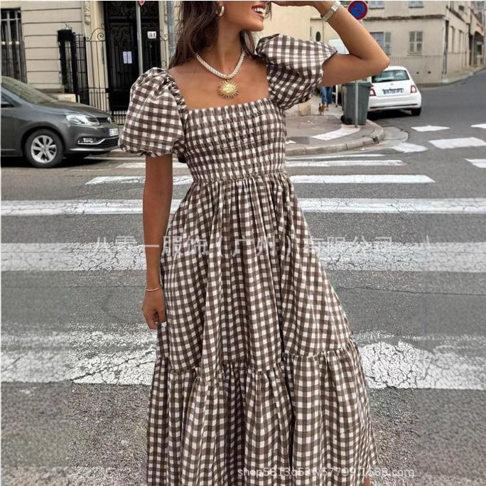Women's Square Neck Gingham Midi Dress Puff Short Sleeve Elastic Waist Ruffled Hem Summer Beach Long Dress