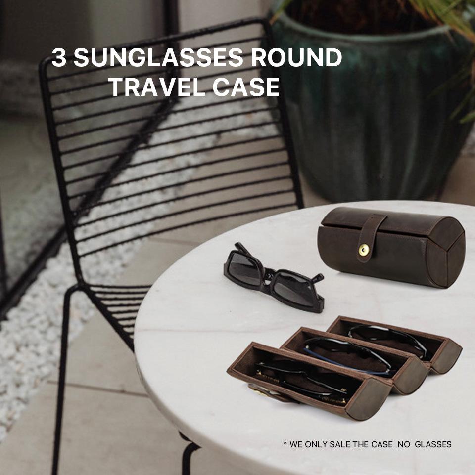 Vintage Crazy Horse Leather Cylindrical Sunglasses Case Set - 3-Piece Handmade Genuine Leather Glasses Holder