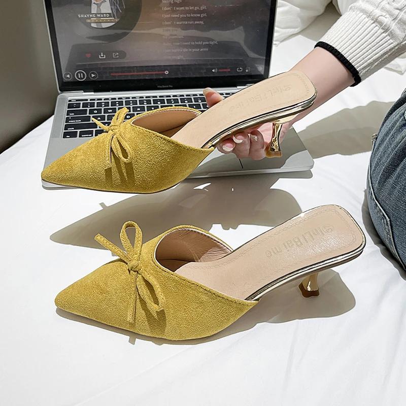 Pointed Toe Women Mules Slippers Shoes Fashion Butterfly-knot Slip On Slides Design Style Low Heels Banquet Party Sandals Shoes