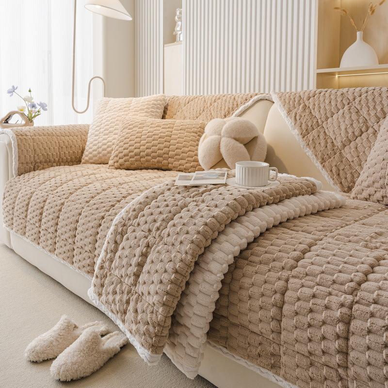 Honeycomb Fleece Sofa Cushion Autumn And Winter New Straight Row One-Piece Seat Cushion Winter Thickened Plush Sofa Cover Cover Cloth