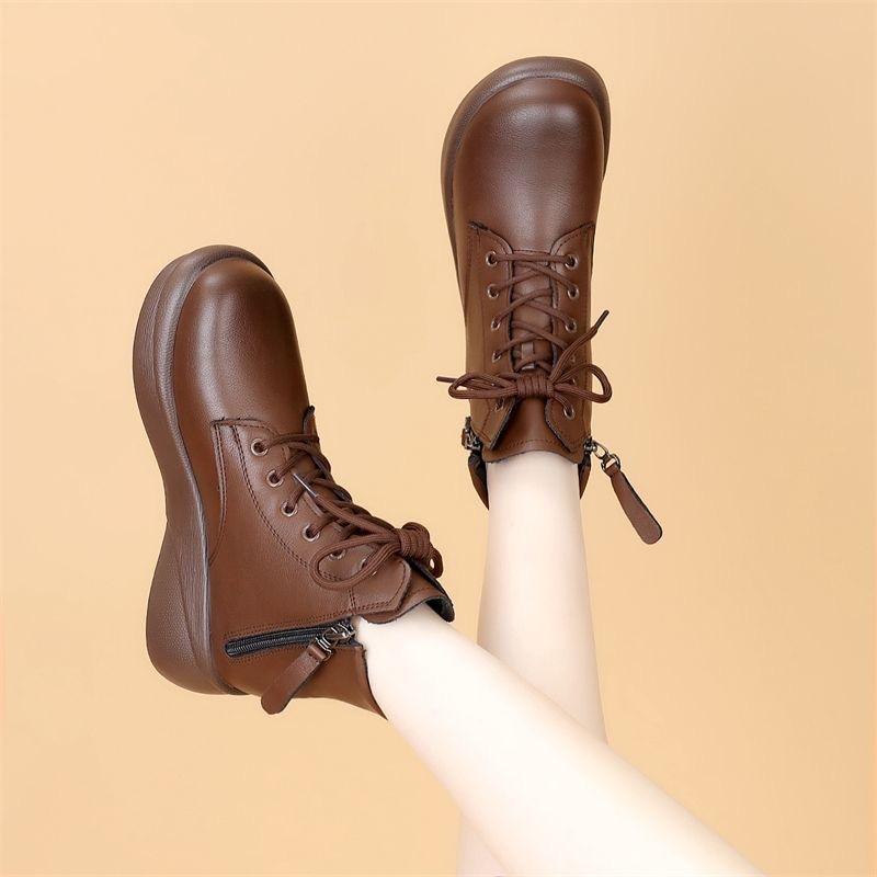 Retro warme weiche Leder Martin Stiefel Damen Herbst und Winter neue Mode Muffin dicksohlige vielseitige kurze Stiefel