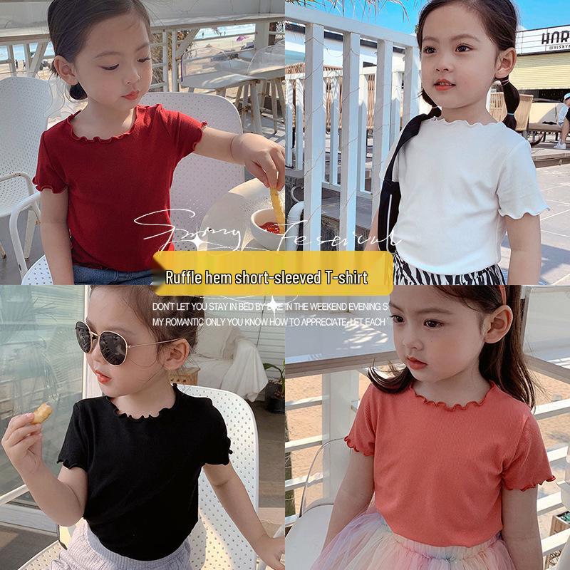 Girls' Ice Silk Ruffle Edge Short Sleeve T-shirt - Summer Baby & Toddler Top