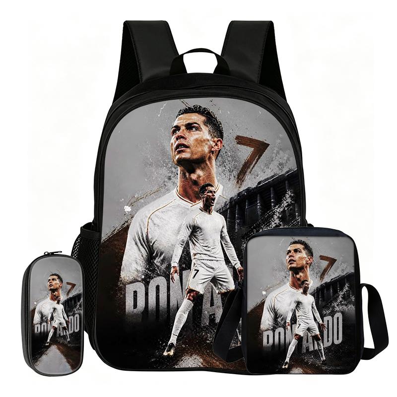 Ronaldo Student 3Pcs Set Backpack Kids School Shoulder Bag,Pencil Bags,Football Sport Bookbag Football Star Rucksack