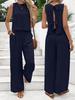 Women's Summer Muscle Simple Everyday Old Money Style Linen Tie Two Piece Set, Shell Trimmed Sleeveless Top And Pants Set