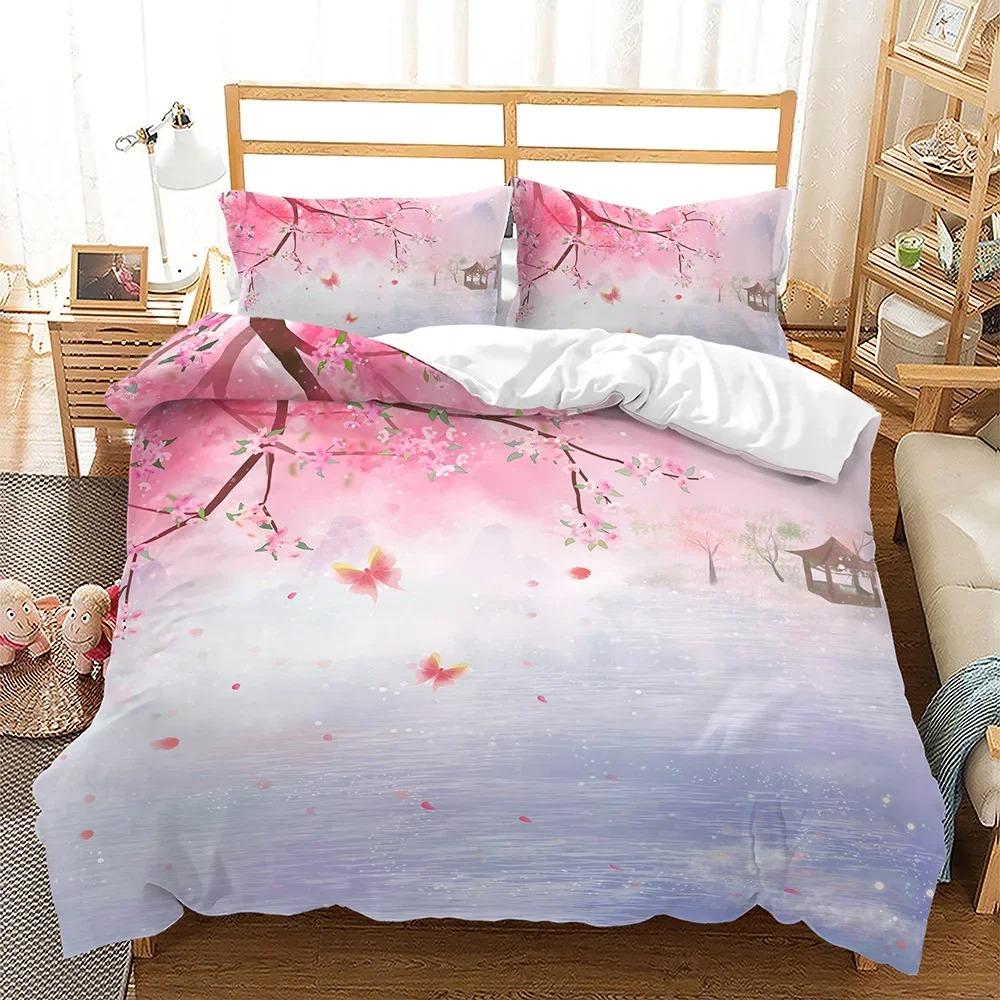 Spring Flowers King Queen Duvet Cover Pink Sakura Bedding Set Girls Cherry Blossoms Quilt Cover Floral Polyester Comforter Cover