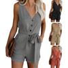Lady Jumpsuit Solid Color Buttons V Neck Sleeveless Women Romper for Daily Wear