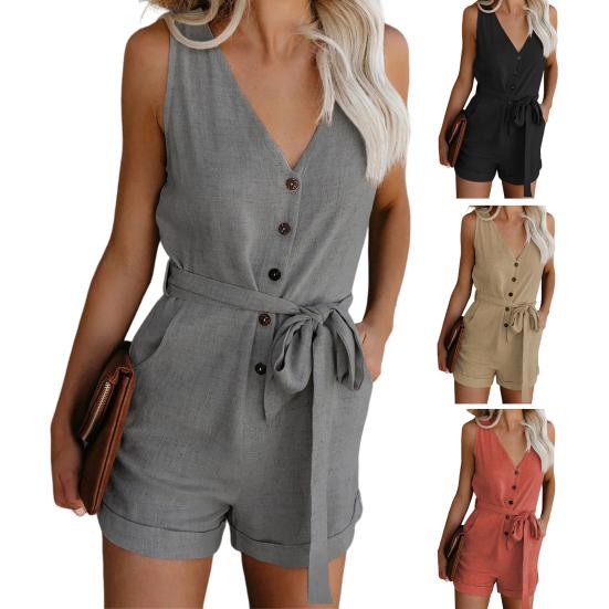 Lady Jumpsuit Solid Color Buttons V Neck Sleeveless Women Romper for Daily Wear