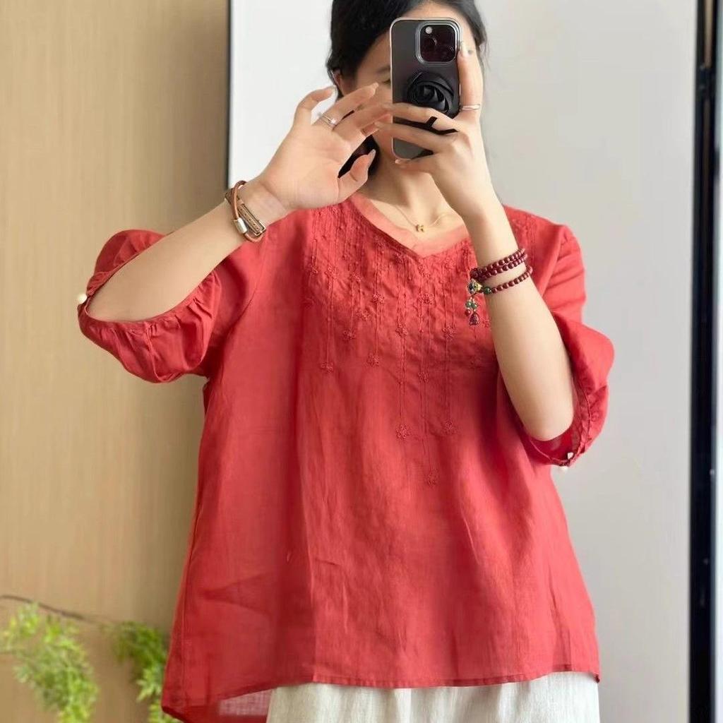 Summer 2026 Women's Plus Size Cotton Linen Two-Piece Suit with Slimming Embroidery for Middle-Aged and Elderly Mothers