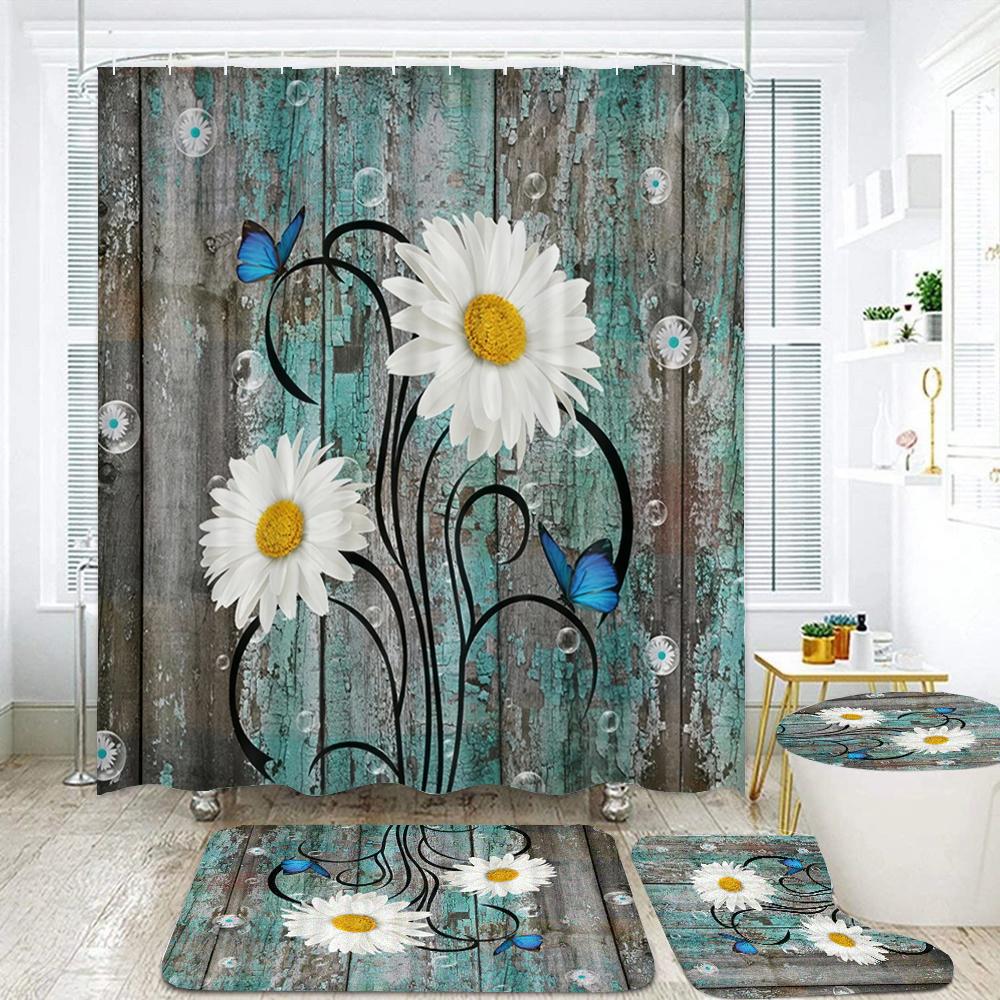 3D Butterfly Flower Fabric Waterproof Shower Curtain Bathroom Curtains Set Blue Pink Rose Non-Slip Rug Toilet Lid Cover Bath Mat