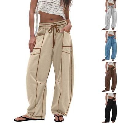 Women's Beige Wide-Leg Pants with Drawstring Waist and Side Pockets