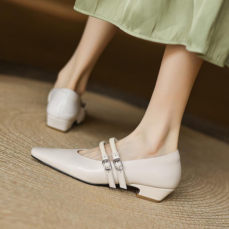 Fashion NEW Spring/Autumn Women Pumps Genuine Leather Shoes for Women Square Toe Chunky Heel Shoes Concise Metal Buckle Mary Jane Shoes
