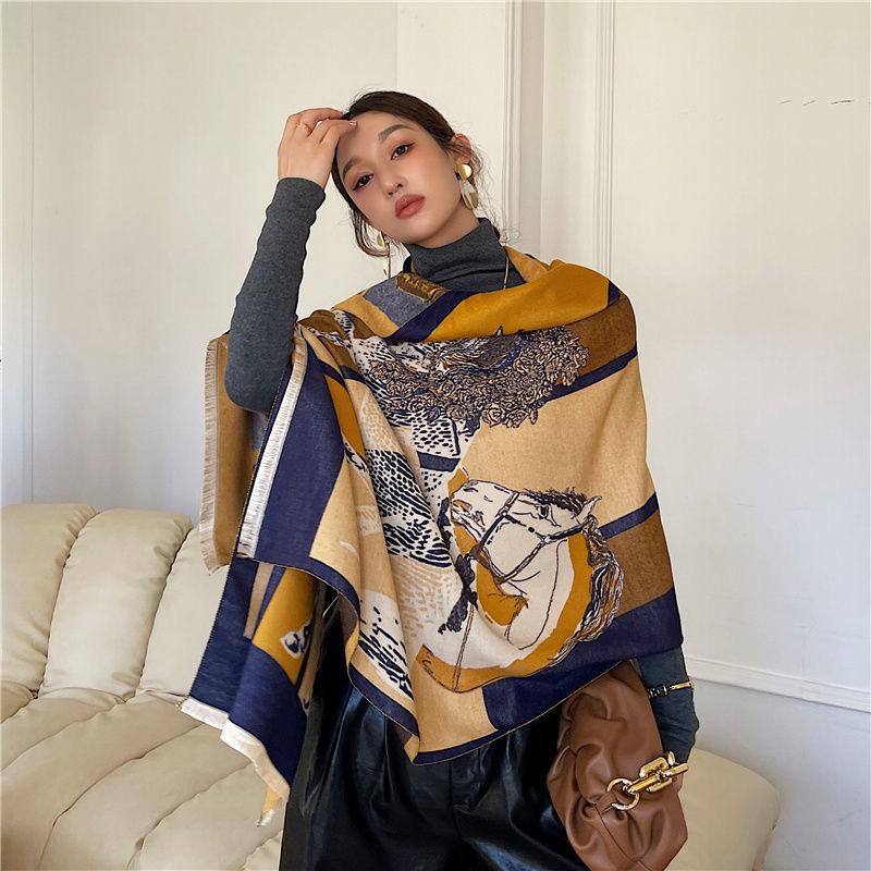 New European and American Retro War Horse Picture Imitation Cashmere Autumn and Winter Warm Scarf Travel Photo Decoration Large Shawl Scarf