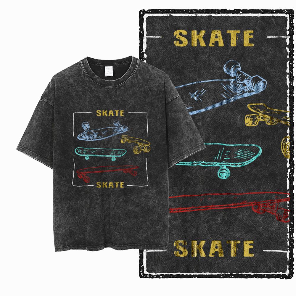 YD SKATE THEME Printed Cotton Acid Washed Graphic Unisex T Shirt Cool SKATEBOARD Streetwear Men Tshirts Big Size Tee for Men